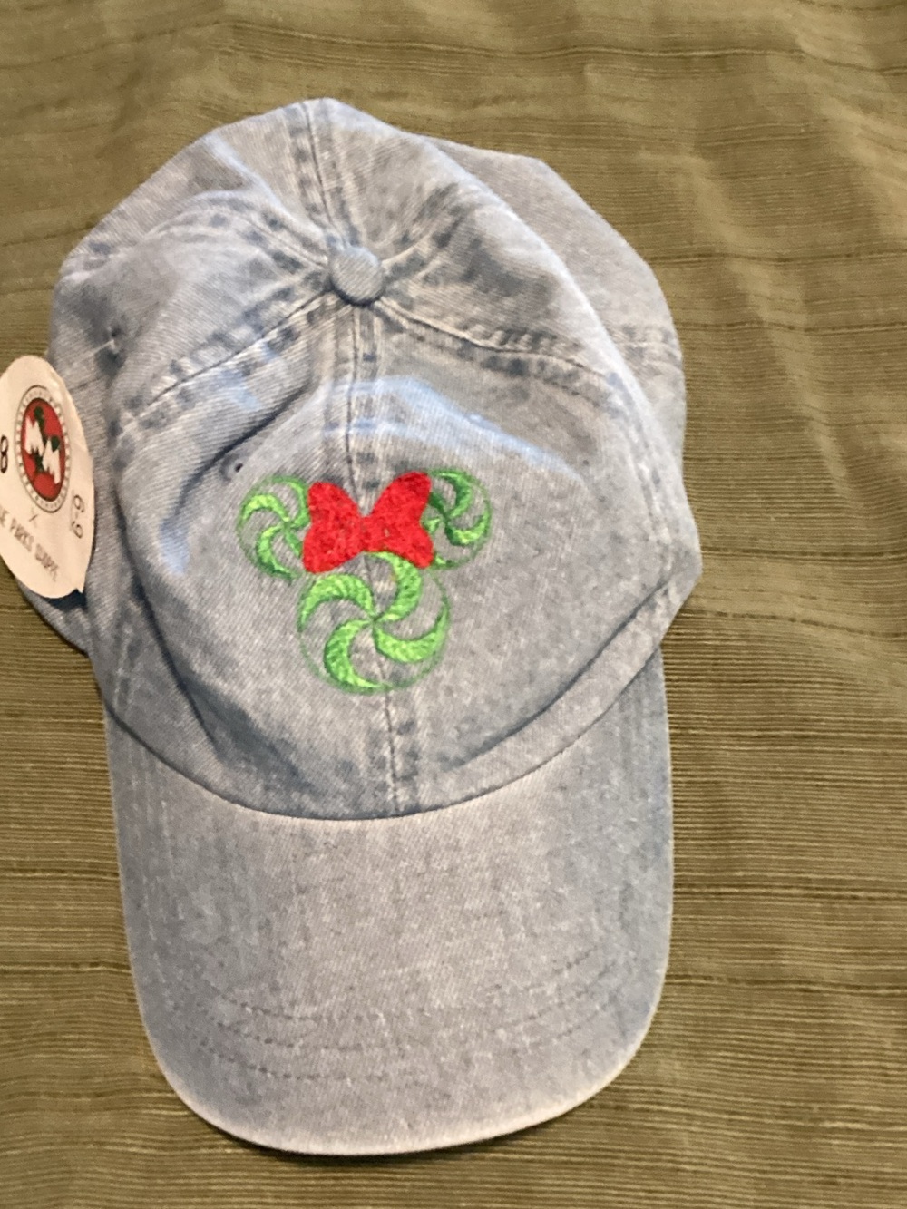 Light Blue Denim Women's Baseball Cap with Red Bow & Green Embroidery